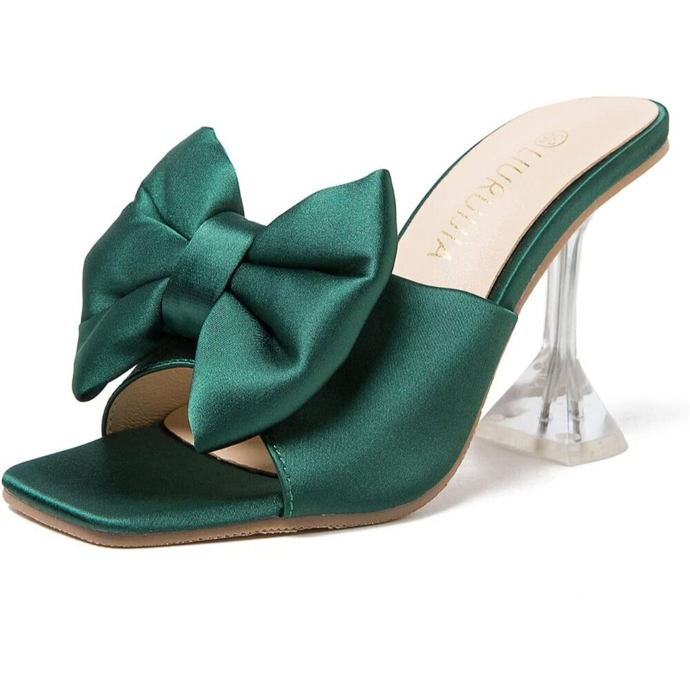 Women's Bow High Heels Mules Dress Sandals Slip On Party Wedding Bridal Green
